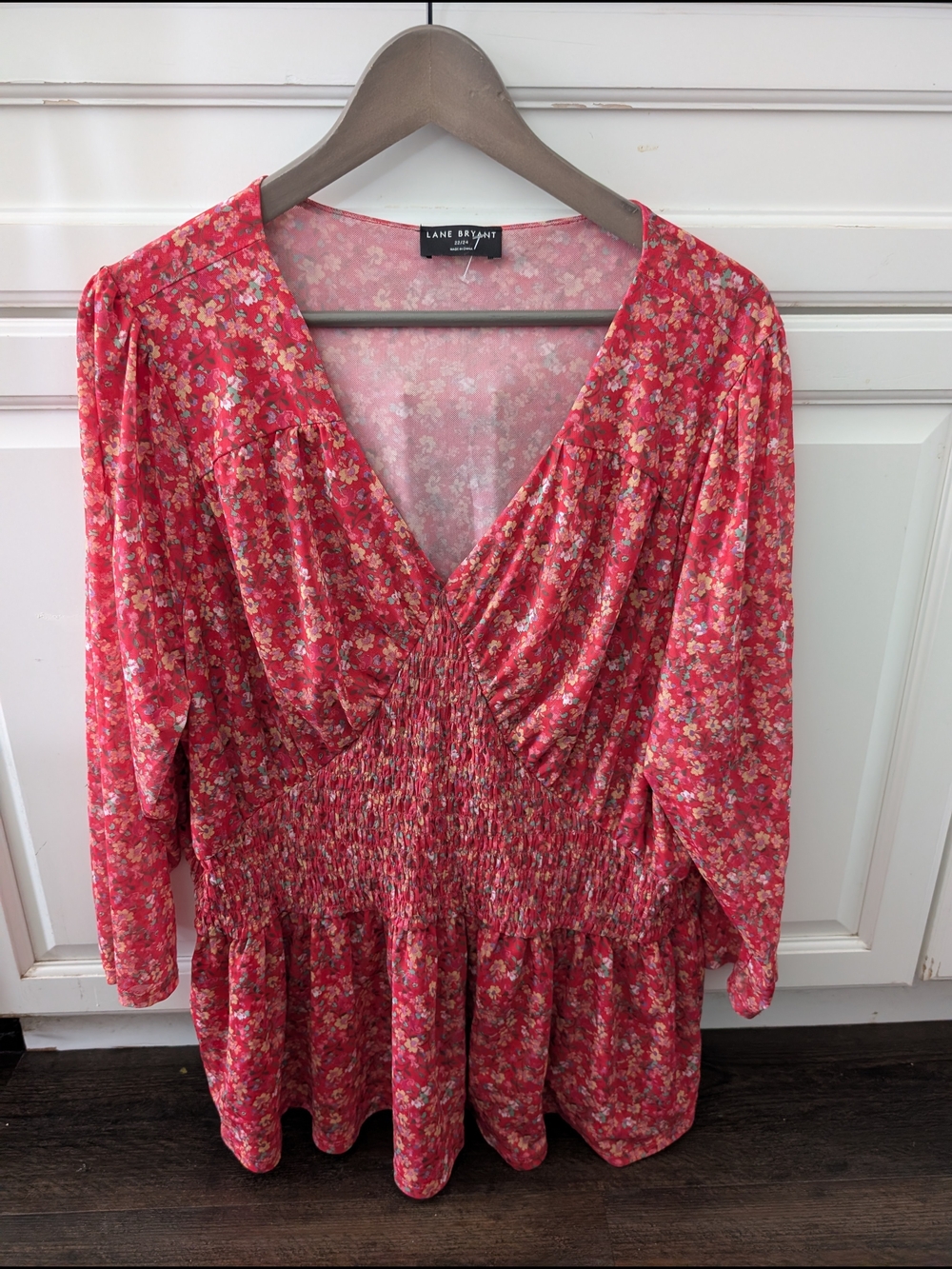 Lane Bryant Coral-Red Floral Smocked V-Neck Tunic